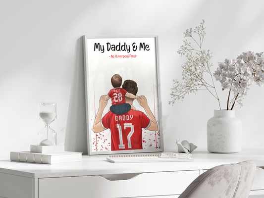Personalised Daddy and Me football print featuring father and child in matching team shirts