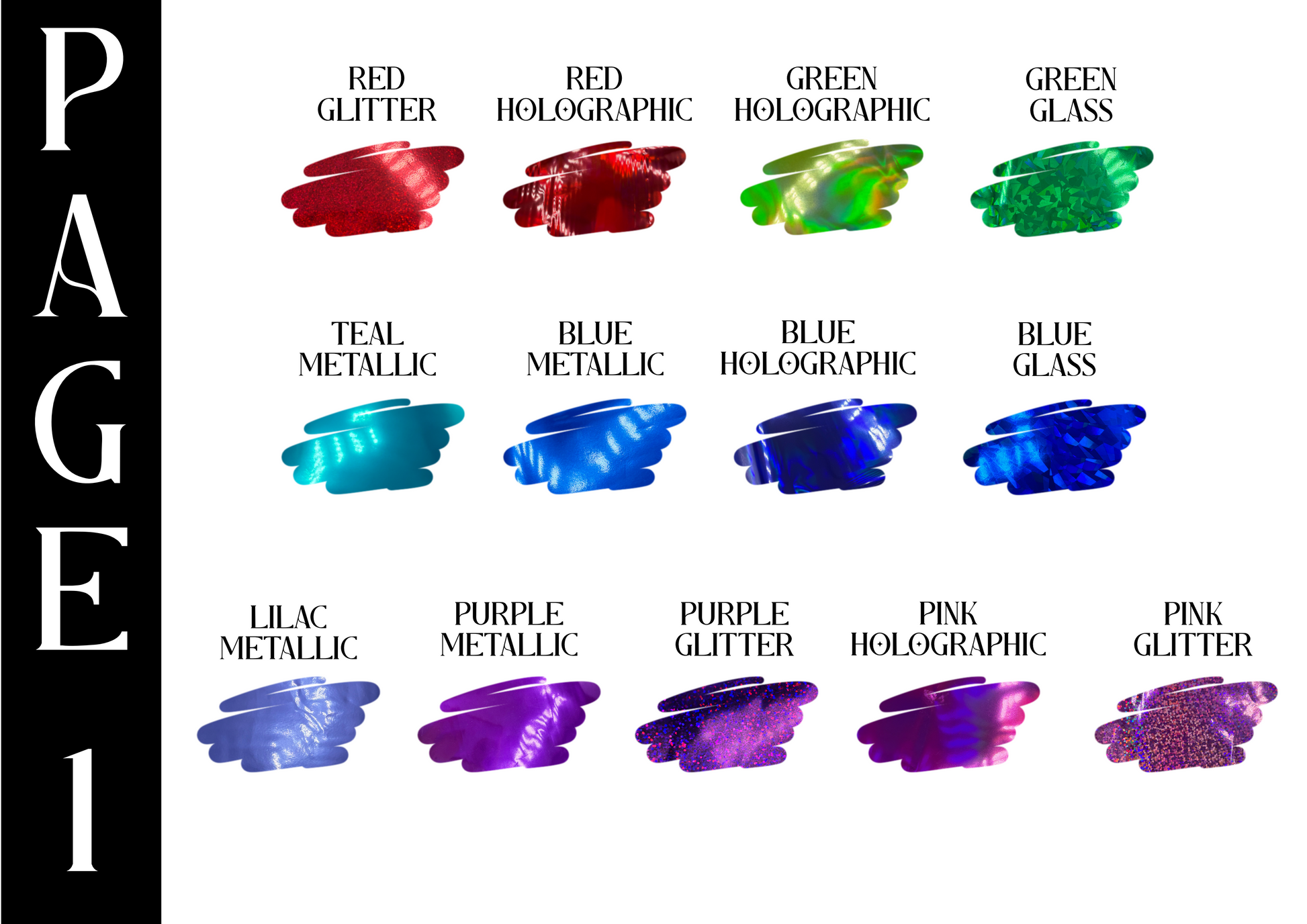 Color swatches of glitter and metallic finishes on a white background with 'Page 1' text.