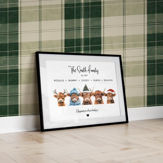 Christmas Highland Cow Family Print