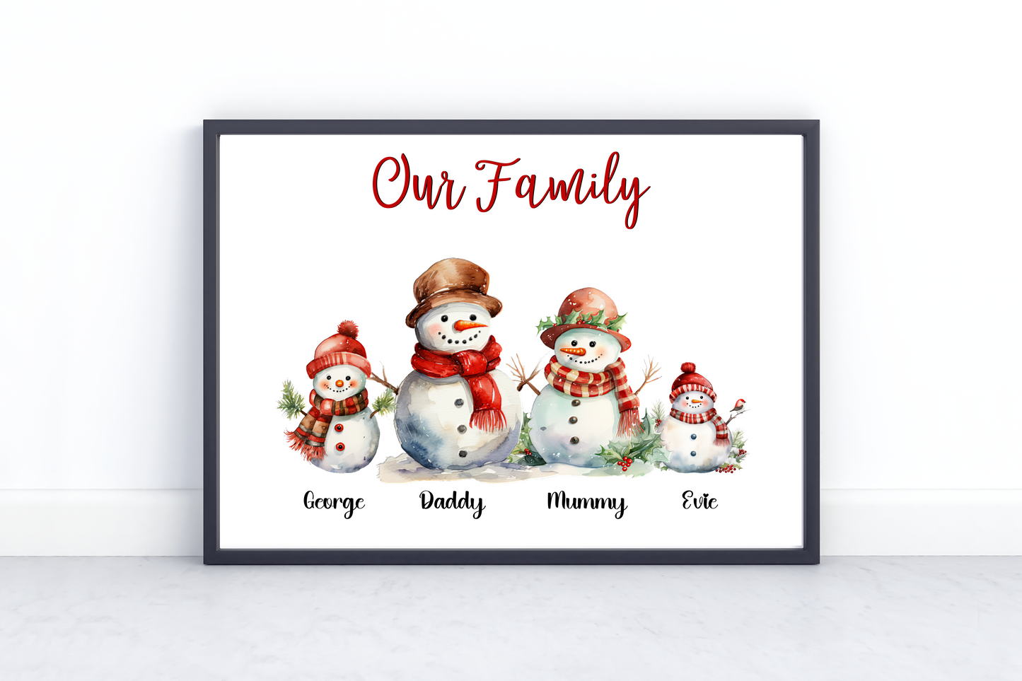 Personalised Snowman Family Print featuring 30 unique snowmen to choose from, with customisable names and title options. Ideal as a thoughtful Christmas gift or festive home decor