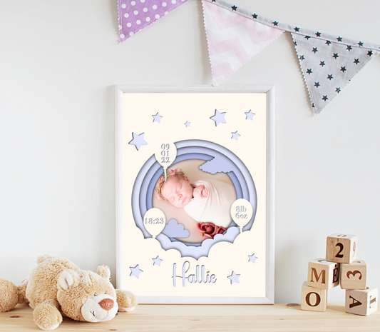 A heartwarming print featuring a custom photo of a newborn baby, surrounded by delicate pastel colors. The baby's name, date of birth, weight, and time of arrival are beautifully displayed beneath the photo. The print is elegantly framed and ready to be cherished as a special keepsake.