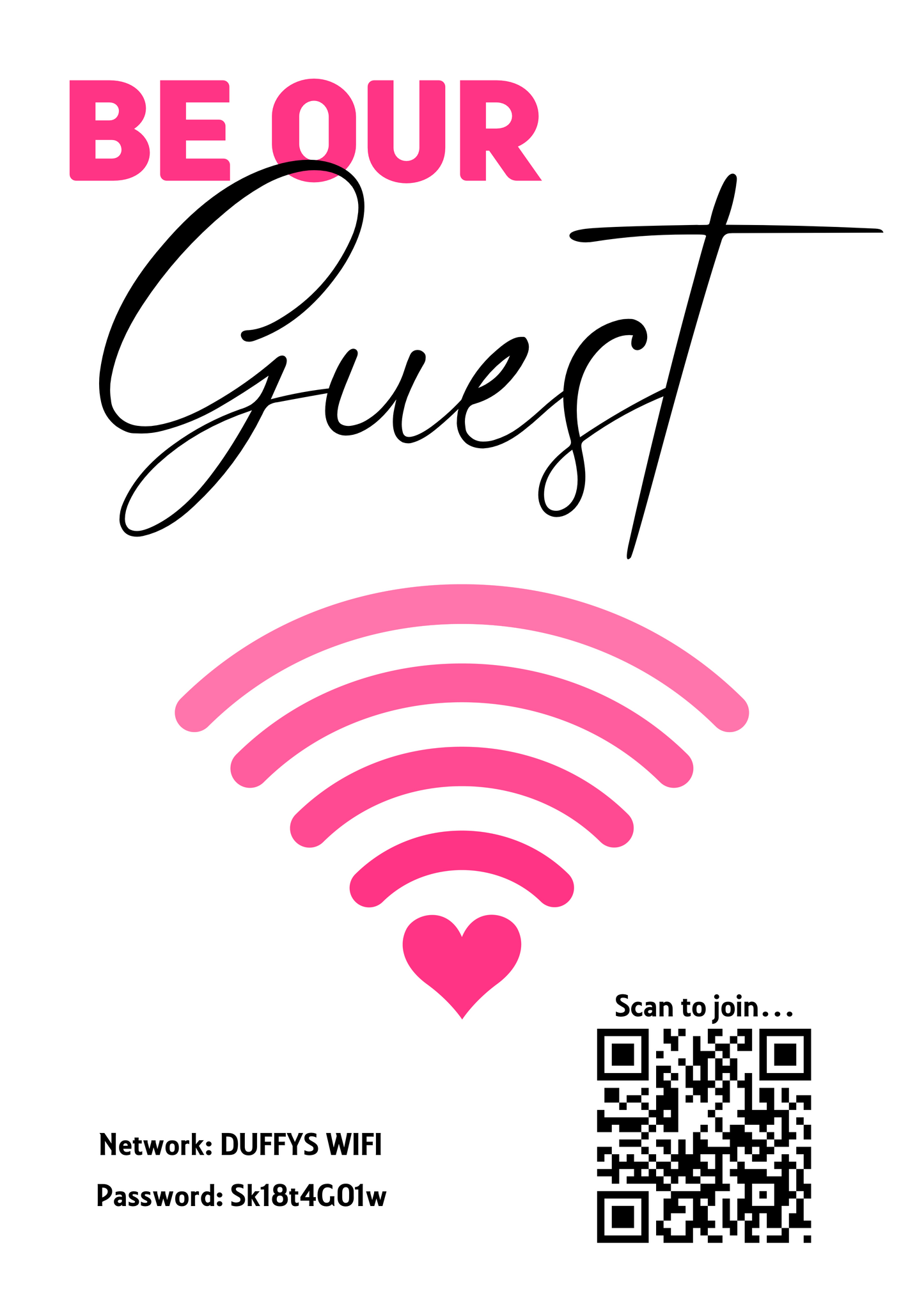 Personalised WiFi Print showcasing a custom QR code and WiFi details, offering a stylish and convenient way to connect to the network.
