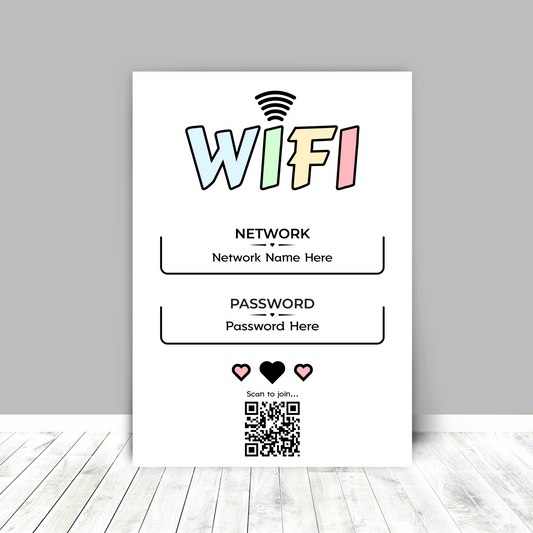 Personalised WiFi Print showcasing a custom QR code and WiFi details, offering a stylish and convenient way to connect to the network.