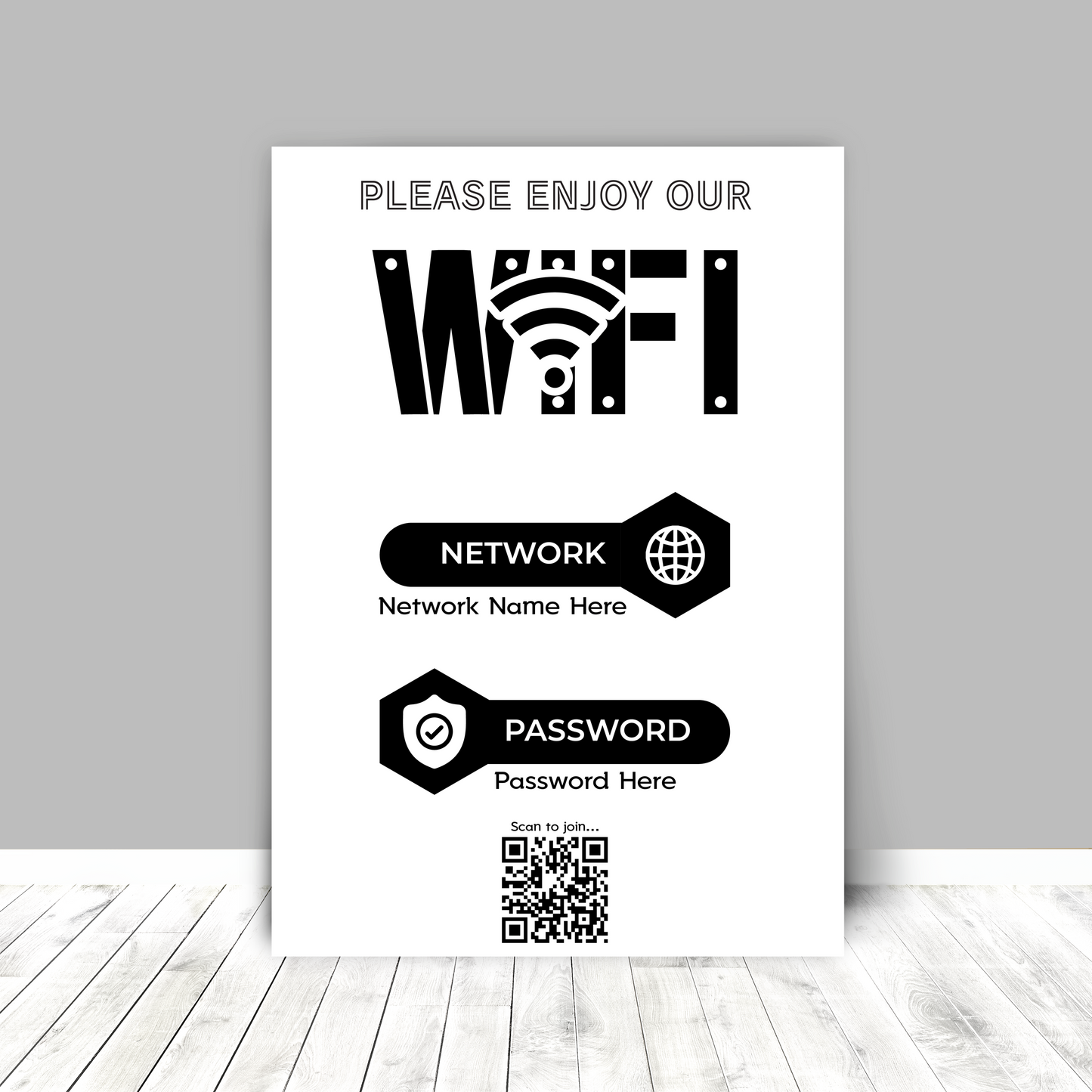 Personalised WiFi Print showcasing a custom QR code and WiFi details, offering a stylish and convenient way to connect to the network.