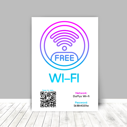 Personalised WiFi Print showcasing a custom QR code and WiFi details, offering a stylish and convenient way to connect to the network.
