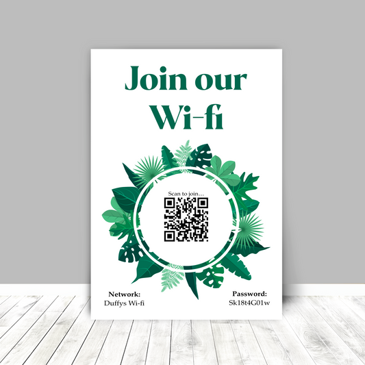 Personalised WiFi Print showcasing a custom QR code and WiFi details, offering a stylish and convenient way to connect to the network.