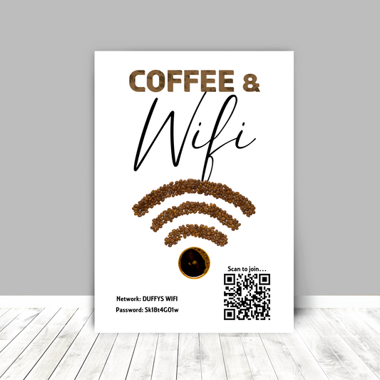 Personalised WiFi Print showcasing a custom QR code and WiFi details, offering a stylish and convenient way to connect to the network.