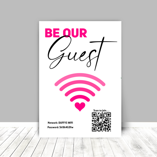Personalised WiFi Print showcasing a custom QR code and WiFi details, offering a stylish and convenient way to connect to the network.