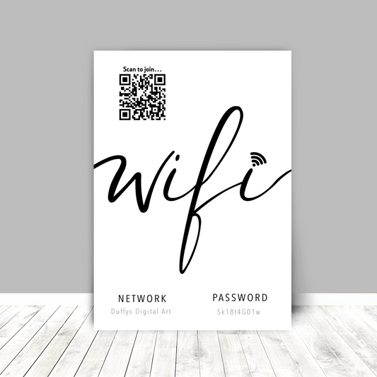 Personalised WiFi Print showcasing a custom QR code and WiFi details, offering a stylish and convenient way to connect to the network.