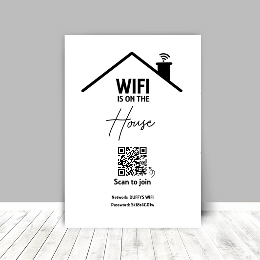 Personalised WiFi Print showcasing a custom QR code and WiFi details, offering a stylish and convenient way to connect to the network.