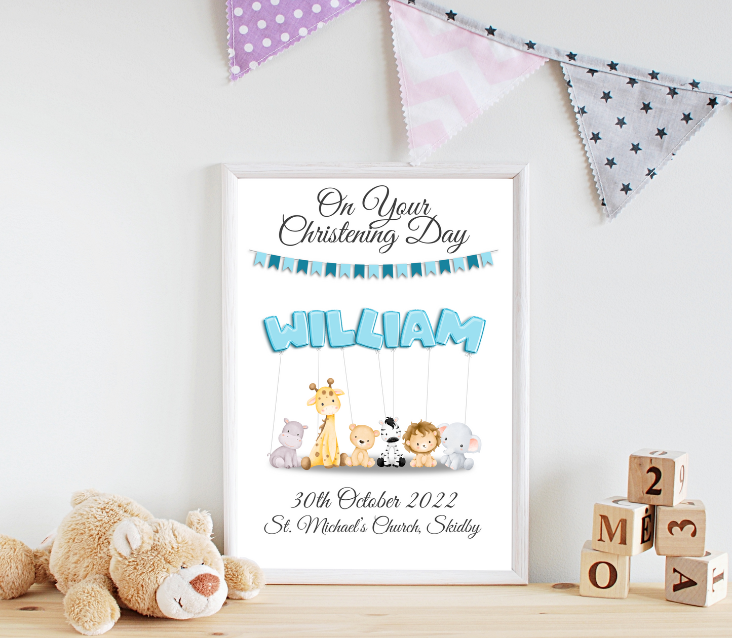 An enchanting personalised christening baby print showcasing vibrant balloons. The balloons spell out the child's name, creating a delightful and whimsical ambiance. The date and location of the christening are elegantly presented, adding a sentimental touch to the artwork. This captivating print captures the cherished moment of the child's christening, celebrating their arrival into the world with love and joy.