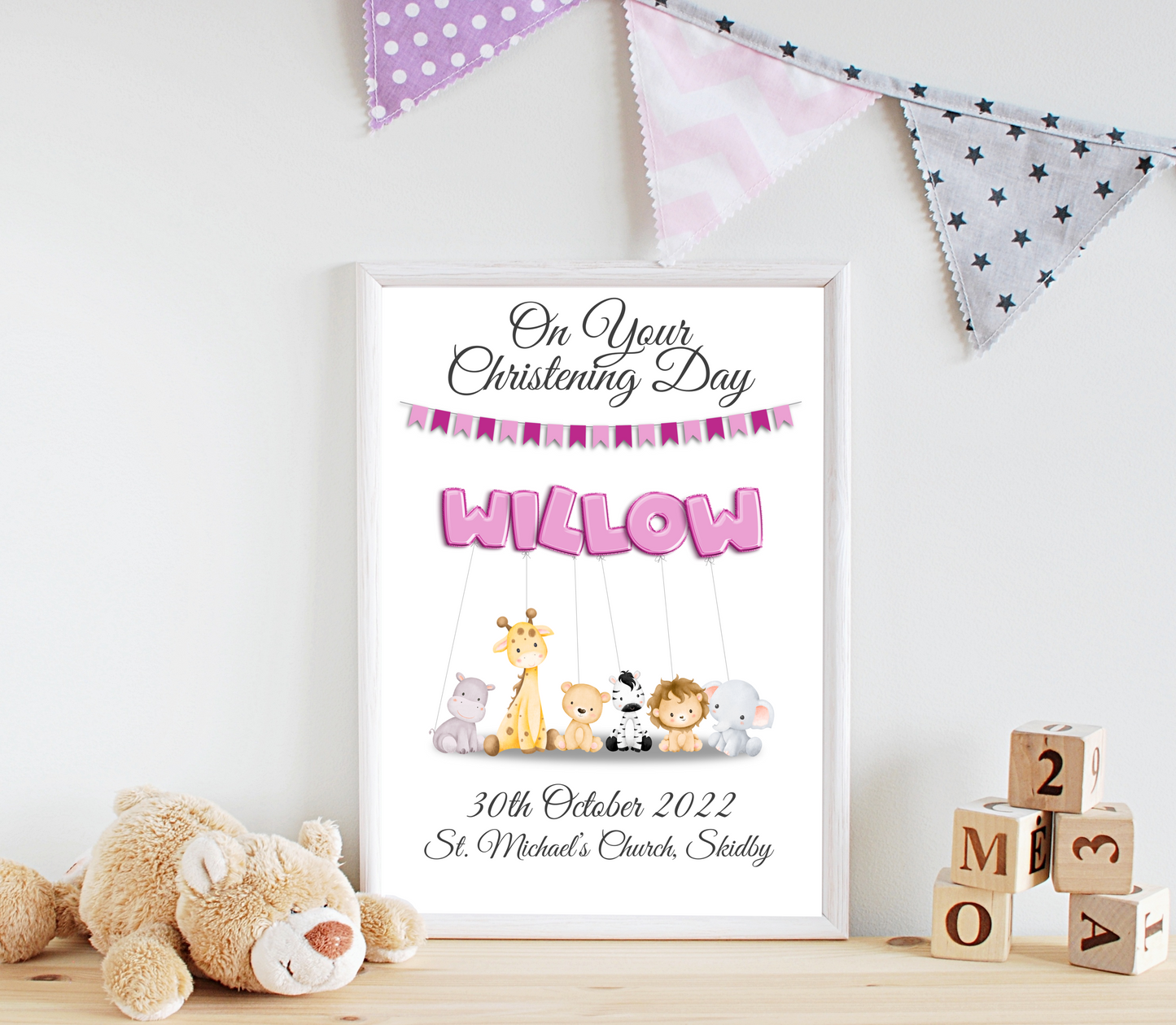 An enchanting personalised christening baby print showcasing vibrant balloons. The balloons spell out the child's name, creating a delightful and whimsical ambiance. The date and location of the christening are elegantly presented, adding a sentimental touch to the artwork. This captivating print captures the cherished moment of the child's christening, celebrating their arrival into the world with love and joy.
