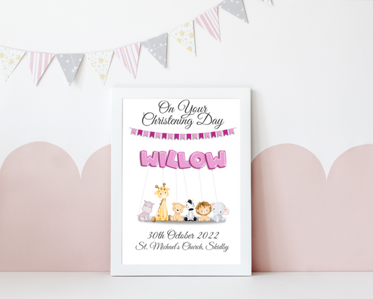 An enchanting personalised christening baby print showcasing vibrant balloons. The balloons spell out the child's name, creating a delightful and whimsical ambiance. The date and location of the christening are elegantly presented, adding a sentimental touch to the artwork. This captivating print captures the cherished moment of the child's christening, celebrating their arrival into the world with love and joy.
