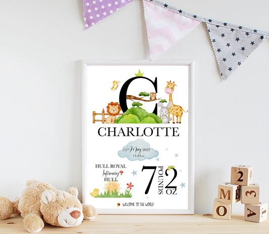 A delightful personalised newborn print celebrating the arrival of a precious bundle of joy. The print features a charming design. In the centre, the baby's name, takes pride of place in elegant typography. Surrounding the name are details of the birth, including the weight at birth, the time of birth , and the special location of birth. Adorned with whimsical illustrations, and baby essentials, this keepsake captures the enchanting moment of a new life entering the world.