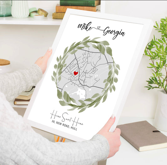 A beautifully designed personalised house map print showcasing a round-shaped map with custom details, perfect as a housewarming gift.