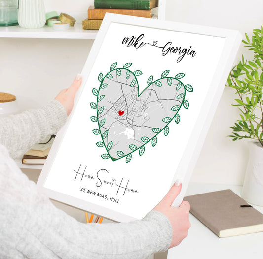 A beautifully designed personalised house map print showcasing a heart-shaped map with custom details, perfect as a housewarming gift.