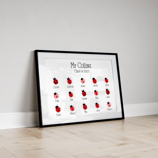 A personalised custom teacher print featuring ladybirds representing each pupil, with customised names of the teacher and students, the perfect thank you gift for teachers.