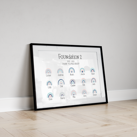 A personalised custom teacher print featuring rainbows representing each pupil, with customised names of the teacher and students, the perfect thank you gift for teachers.
