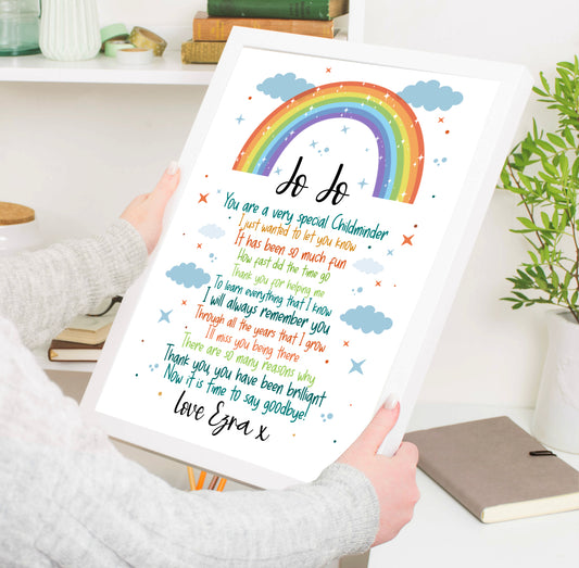 Personalised Rainbow Childminder Gift Print - Vibrant rainbow design with custom name and thank-you message, perfect for showing appreciation to teachers. High-quality keepsake for any classroom or home decor. Ideal for Teacher's Day or end-of-year thank-you. Order now!