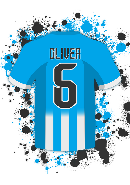 Personalised Kids Football Team Jersey Art Print - Custom Name and Number, Vibrant Team Colours, Ideal Decor for Young Football Enthusiasts