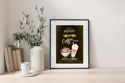 Alt Image Text: Home decor print showcasing customized coffee drinks with names like "Lee & Sam's Coffee Station", perfect for adding a personal touch to any kitchen or coffee nook.