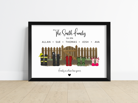 A charming personalised welly boots print featuring colourful wellington boots placed in front of a garden fence. The boots showcase custom names, adding a personal touch to this delightful artwork.