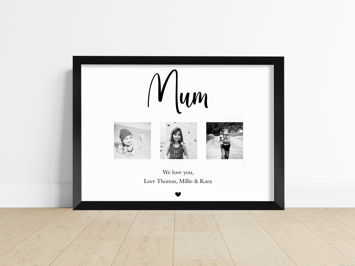 A beautiful personalised print displayed on a wall, featuring three cherished photos. The photos show smiling faces of loved ones, creating a heartwarming and memorable piece of art. The print is framed elegantly, adding a touch of sophistication to any room.