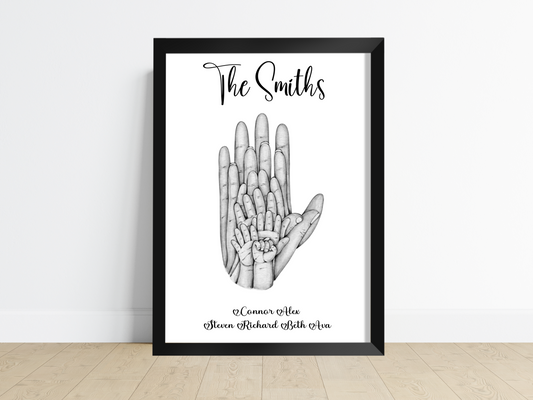 A heartwarming Personalised Family Hand Print with the hands of parents and children, symbolizing the unbreakable bond of love. Customizable colors add a personal touch to this beautiful keepsake, perfect for gifting or displaying in your home.