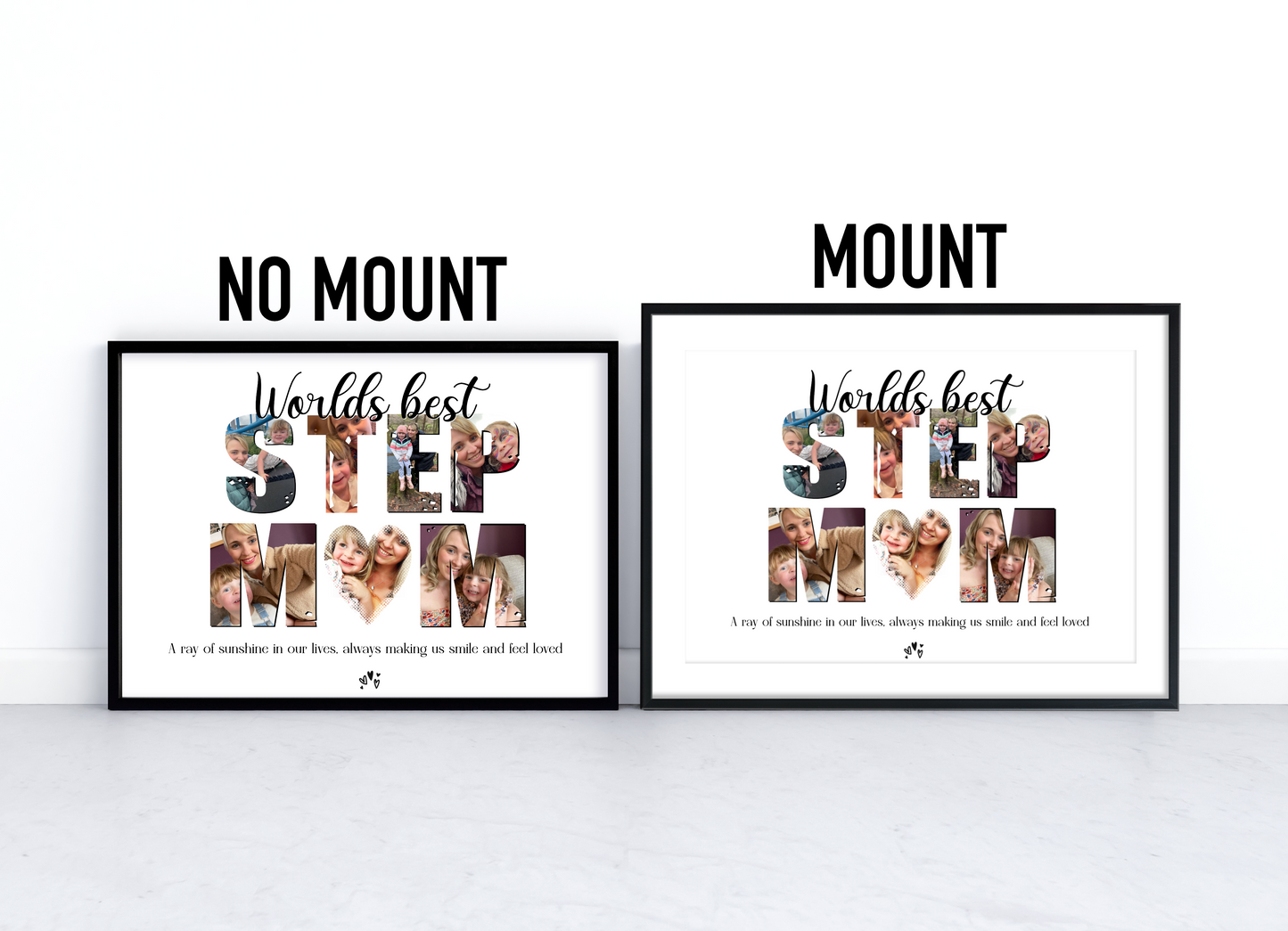 An image of a beautifully framed home decor print with the word "step mum" spelled out using personalised photographs. The print showcases a collection of cherished memories captured in each letter, symbolising the love and bond between a step mother and her family. It serves as a meaningful gift for Mother's Day or a birthday, evoking warm emotions and creating a lasting tribute to the extraordinary love of a step mother.