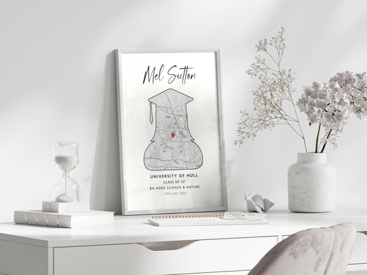 Custom Graduation Print: Personalised artwork showcasing the graduate's name, degree type, and graduation year, surrounded by elegant design elements. The perfect keepsake to celebrate their achievement and cherish the memories.