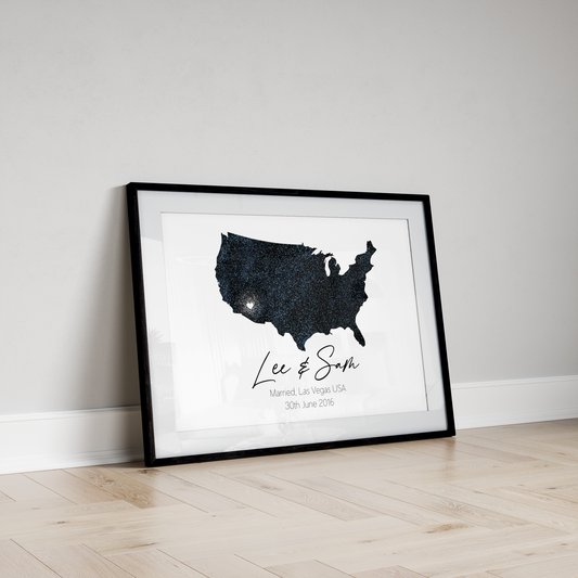 A Personalised Wedding Print featuring a stunning artwork displaying a map of the wedding's country or region and the exact location. The background colour enhances the visual appeal, complementing the design. This print is a treasured keepsake, capturing the memories and love shared on the couple's special day.