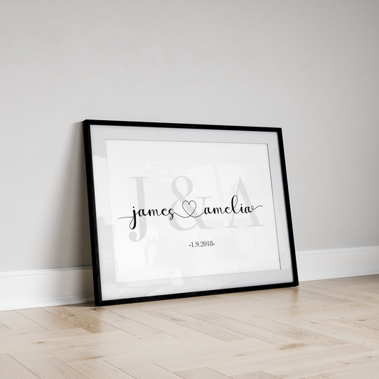 Personalised love print: names, initials, & special date by Duffy's Creations. Perfect gift for any romantic occasion - framed or unframed.
