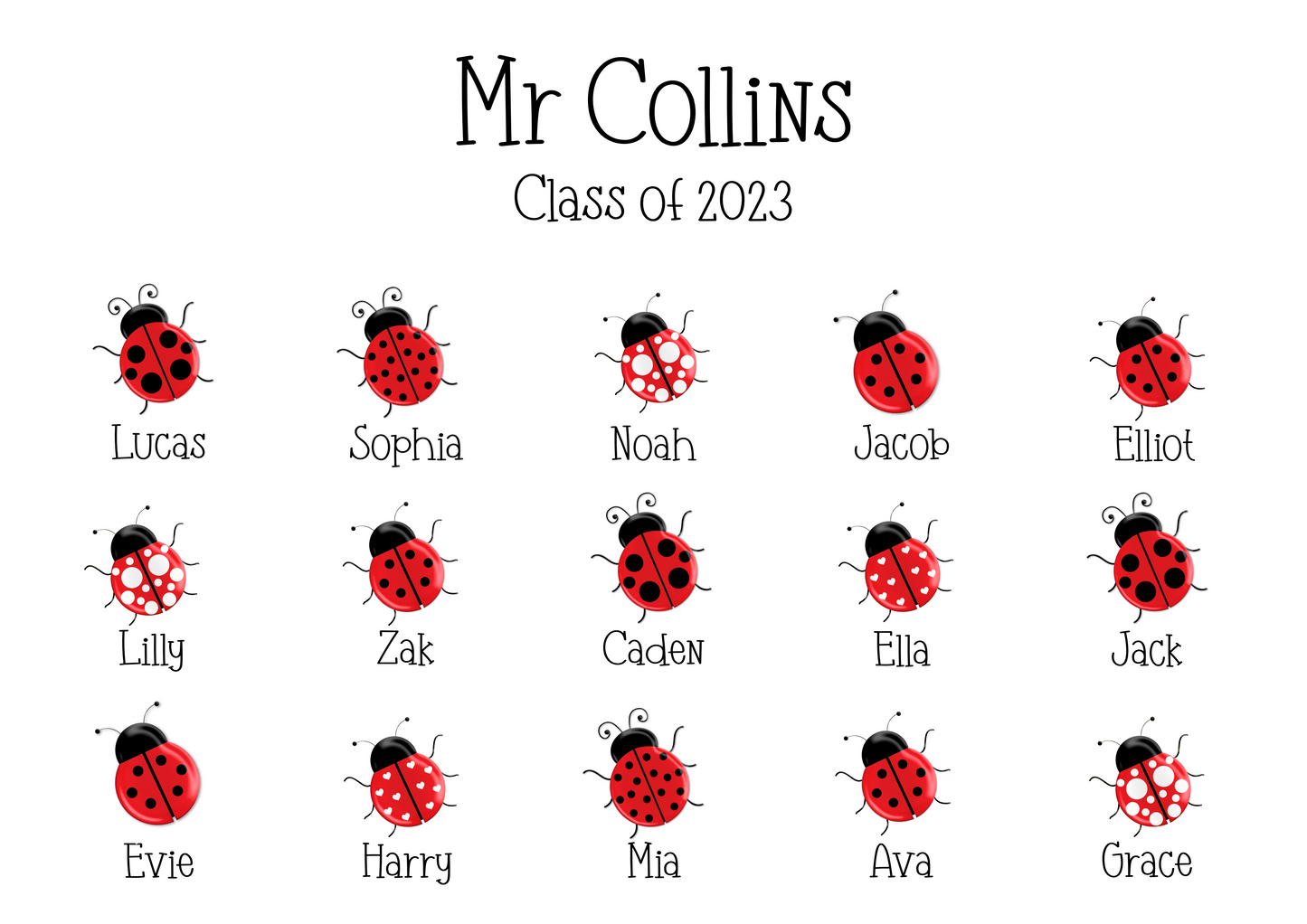 A personalised custom teacher print featuring ladybirds representing each pupil, with customised names of the teacher and students, the perfect thank you gift for teachers.