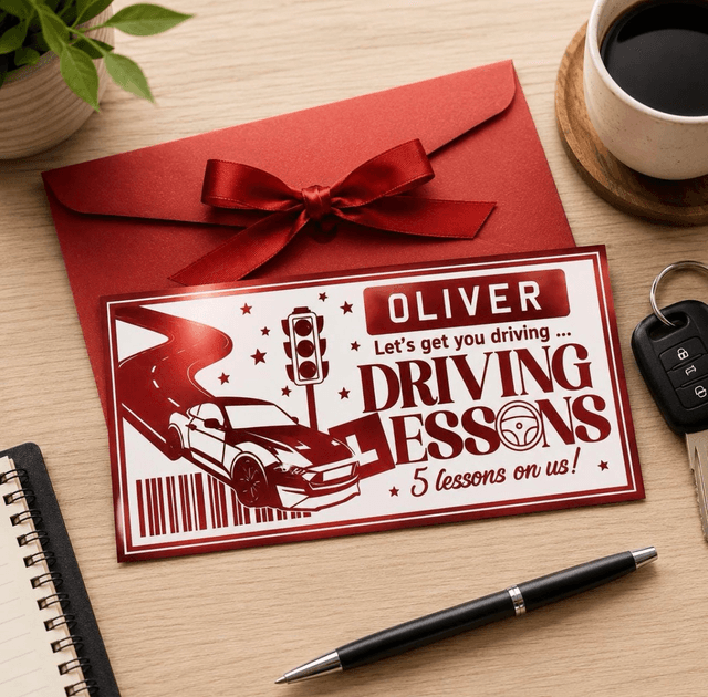 Personalised Foiled Driving Lesson Ticket, Driving Gift Voucher, Learner Driver Gift