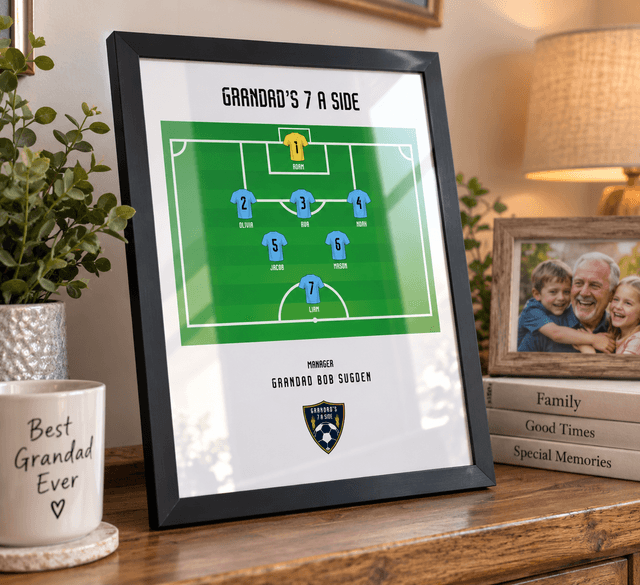 Personalised Home Decor Print: Grandad's Great XI - Custom Football Pitch with Grandchildren Names