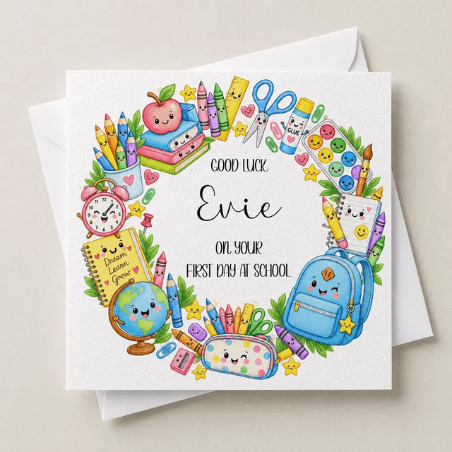 Personalised First Day Card - Cartoon Wreath