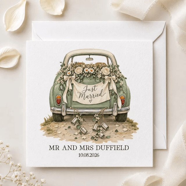 Personalised Vintage Car Wedding Card - Sage Green Car