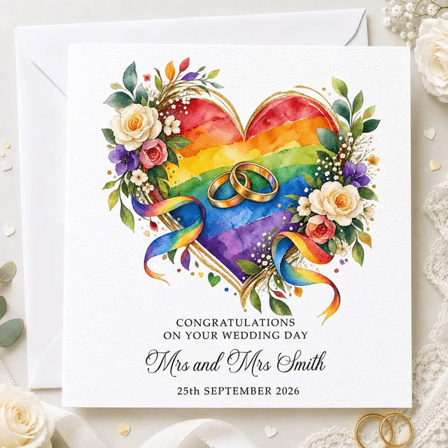 Personalised Same Sex Wedding Card - Rings Rainbow Heart