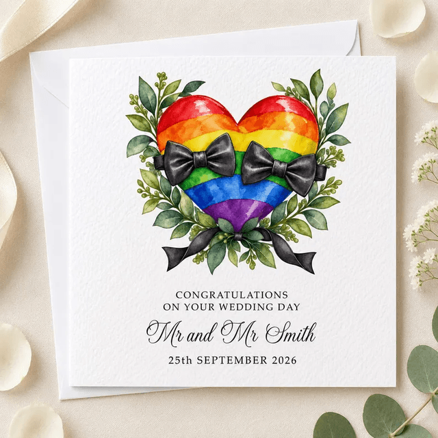 Personalised Same Sex Wedding Card - Bow Tie Rainbow Heart