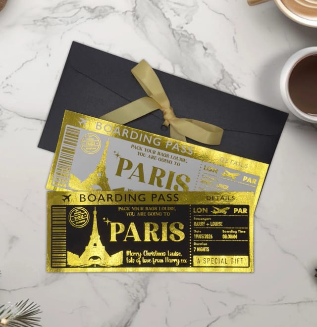 Personalised Foiled Boarding Pass Ticket – Custom Holiday or Surprise Trip Gift Reveal