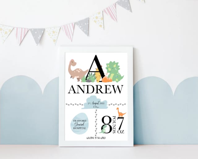 Personalised Newborn Baby Gift With Birth Details - Dinosaur Theme