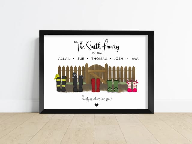 Personalised Welly Boot Family Print - Garden Fence