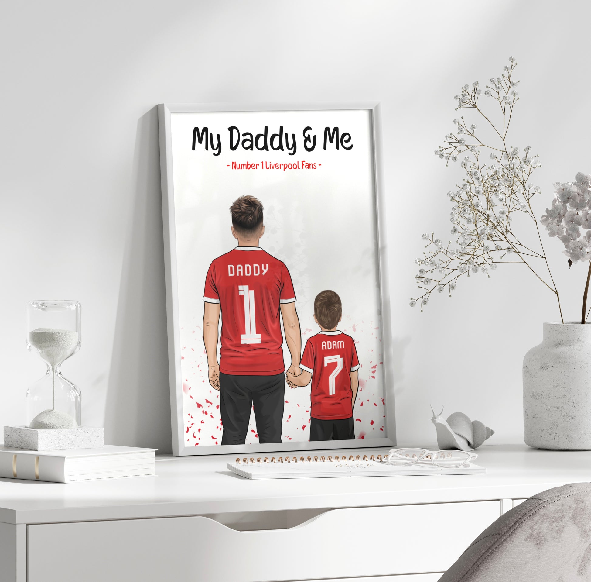Custom father and child football gift, names and team shirts illustrated
