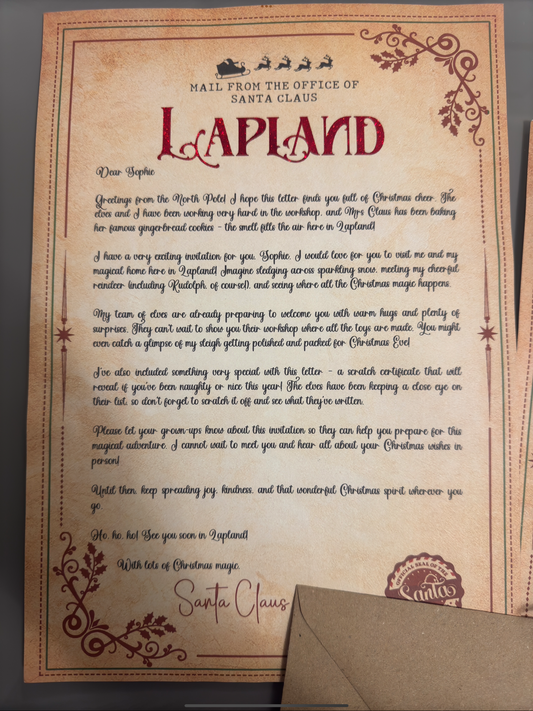 Vintage Personalised Invite to Lapland from Santa with Scratch Certificate