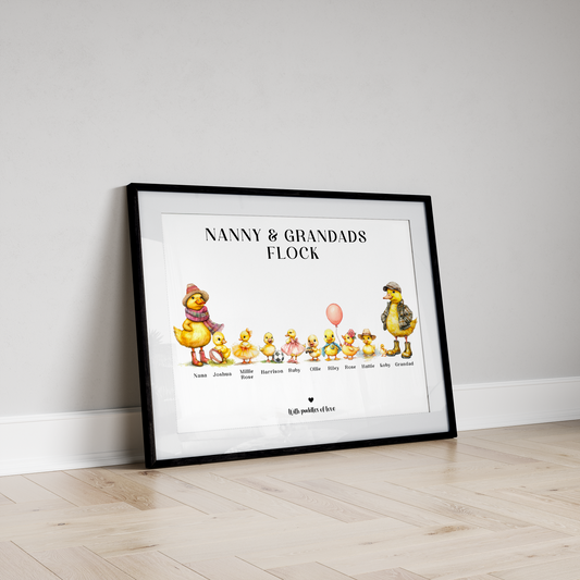 "Custom framed artwork titled 'Nanny & Grandad's Flock' showcasing grandchildren as illustrated chicks, each personalised with unique descriptions and hobbies."
