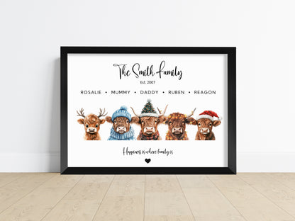 Christmas Highland Cow Family Print