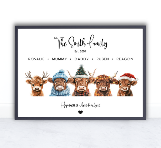Christmas Highland Cow Family Print