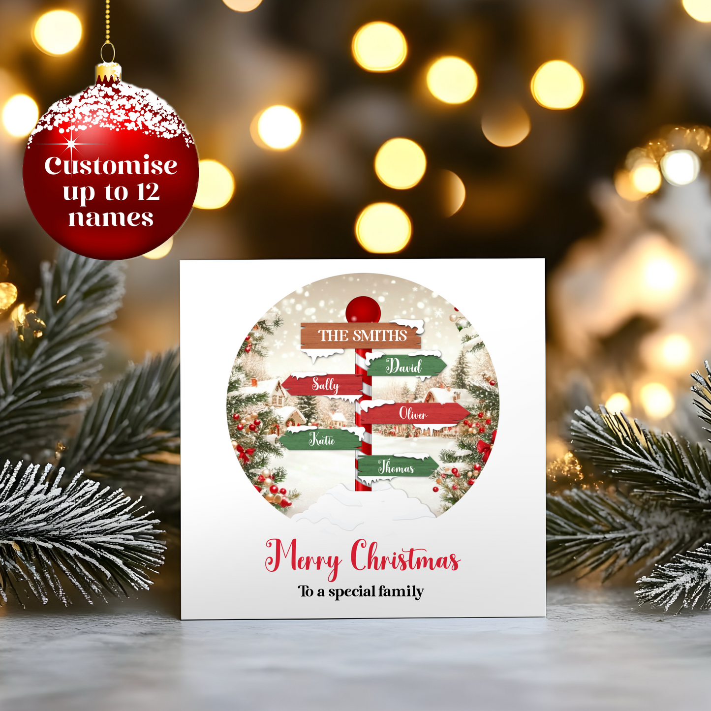 Custom Signpost Family Name Christmas Greetings Card