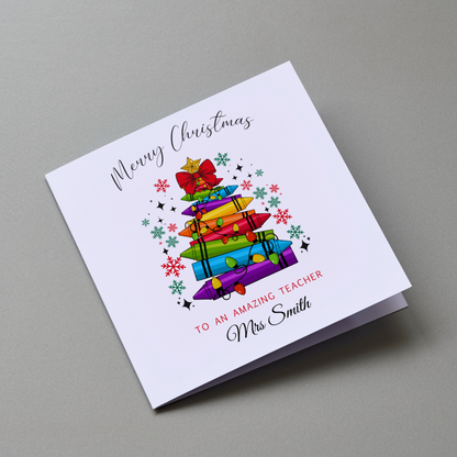 Personalised Teacher Christmas Card – Colourful Crayon Tree Design