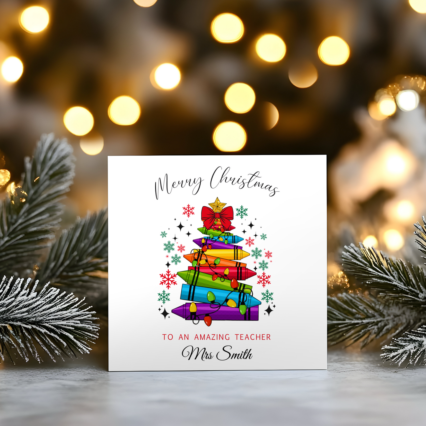 Personalised Teacher Christmas Card – Colourful Crayon Tree Design